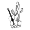 Mexican independence day, guitar flowers and potted cactus, celebrated on september line style