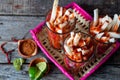 Mexican jicama fruit cutted with lime, chili powder and chamoy Royalty Free Stock Photo