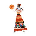 Mexican Katrina playing tambourine for Day of Dead, Dia de los Muertos. Mexico Catrina, woman skeleton with flowers in