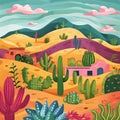 Mexican landscape. Desert with cacti and hills. Houses and trees. Flat full-color illustration.