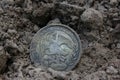 1843 Mexican Libertad Silver Coin on Ground in Dirt Back View