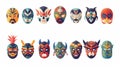 Mexican luchador masks set. Mexico wear for lucha libre wrestling. Head and face costumes for Latin wrestlers. Funny