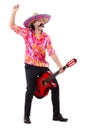 Mexican male brandishing guitar isolated