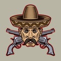 Mexican man head with mustache in sombrero hat and crossed guns vector illustration in colorful cartoon style isolated Royalty Free Stock Photo