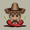 Mexican man head with mustache in sombrero hat and two crossed chili peppers vector illustration in colorful cartoon Royalty Free Stock Photo