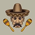 Mexican man head with mustache in sombrero hat and two maracas vector illustration in colorful cartoon style isolated on Royalty Free Stock Photo