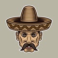 Mexican man head with mustache and in sombrero hat vector illustration in colored cartoon style Royalty Free Stock Photo