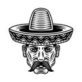 Mexican man head with mustache and in sombrero hat vector illustration in vintage black and white style isolated Royalty Free Stock Photo