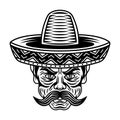 Mexican man head with mustache and in sombrero hat vector illustration in vintage black and white style isolated Royalty Free Stock Photo