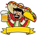 Mexican man holding a cold beer and a taco