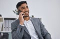 Mexican man, phone call and business in office, talking and networking on deal for company. Male person, happy and Royalty Free Stock Photo