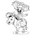 Mexican man riding a donkey. Vector black and white coloring page Royalty Free Stock Photo