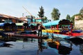Mexican man sailing colorful Mexican gondolas at Xochimilcos Floating Gardens near Mexico City, Mexico