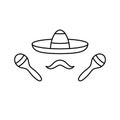 Mexican man set. Sombrero, mustache, maracas. Line art icon of traditional attributes of fun, dance and music. Black symmetric