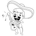 Mexican mariachi man playing the guitar. Vector black and white coloring page.