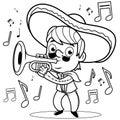 Mexican mariachi man playing the trumpet. Vector black and white coloring page. Royalty Free Stock Photo