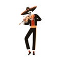 Mexican Mariachi skeleton playing violin. Mexico musician character in sombrero hat with fiddle for Day of Dead, El Dia