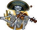 Mexican mariachi skeleton wearing sombrero and playing violin