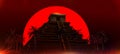 Mexican Mayan Aztec Pyramid in front of big red blood super moon. halloween vampire magic ethnic party background 3d