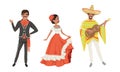 Mexican Men and Woman in Traditional National Clothes Set, Dancers and Musician Characters Cartoon Vector Illustration