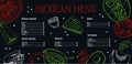 Mexican menu design template. List of dishes and outline illustrations. Hand drawn vector graphic