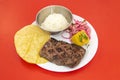 Mexican menu of grilled carnitas with corn tortillas, corn on the cob, candied red onions, white rice, parsley