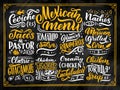 Mexican Menu lettering with traditional food names Guacamole, Enchilada, Tacos, Nachos and more. Vector vintage illustration on ch