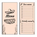 Mexican menu placemat food restaurant, Taco Menu Template. Vintage creative dinner brochure with hand-drawn graphic. Vector food