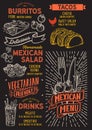 Mexican menu template for restaurant on a blackboard background vector illustration brochure for food and drink cafe. Design Royalty Free Stock Photo