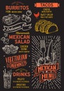 Mexican menu template for restaurant on a blackboard background vector illustration brochure for food and drink cafe. Design