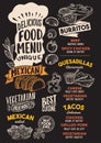 Mexican food menu template for restaurant with chefs hat lettering.