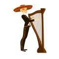 Mariachi skeleton in sombrero playing a harp