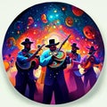 Mexican musicians playing musical instruments on colorful background. Vector illustration. Generative AI