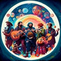 Mexican musicians playing musical instruments and singing in a colorful circle. Generative AI