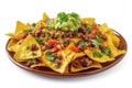 Mexican nachos with beef, guacamole, cheese sauce, peppers, tomato and onion in plate Royalty Free Stock Photo