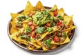 Mexican nachos with beef, guacamole, cheese sauce, peppers, tomato and onion in plate Royalty Free Stock Photo