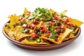 Mexican nachos with beef, guacamole, cheese sauce, peppers, tomato and onion in plate Royalty Free Stock Photo