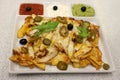 Mexican nachos with chicken. Nachos with corn chips, cheese, salsa, guacamole, sour cream, and chicken. A plate of tortilla nachos Royalty Free Stock Photo