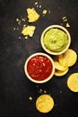 Mexican nachos chips with homemade fresh guacomole sauce and sal Royalty Free Stock Photo