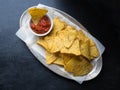 Mexican Nachos Chips With Salsa Sauce In Metal Plate On Dark Background