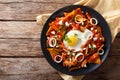 Mexican nachos with tomato salsa, chicken and egg close-up. Horizontal top view Royalty Free Stock Photo