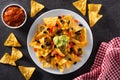 Mexican nachos tortilla chips with black beans, guacamole, tomato and jalapeno Royalty Free Stock Photo