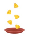 Mexican nachos tortilla chips falling into an empty bowl. Perfect for tee, poster, menu and print. Isolated vector illustration Royalty Free Stock Photo