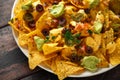 Mexican nachos tortilla chips with olives, jalapeno, guacamole, tomatoes salsa and cheese dip. close up Royalty Free Stock Photo