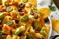 Mexican nachos tortilla chips with olives, jalapeno, guacamole, tomatoes salsa and cheese dip. close up Royalty Free Stock Photo