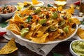 Mexican nachos tortilla chips with olives, jalapeno, guacamole, tomatoes salsa, cheese dipand beer. Royalty Free Stock Photo