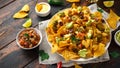 Mexican nachos tortilla chips with olives, jalapeno, guacamole, tomatoes salsa, cheese dipand beer. Royalty Free Stock Photo