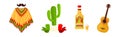 Mexican Objects and Symbols with Cactus, Tequila Bottle, Guitar and Poncho Vector Set