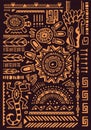 Mexican ornamental background. Aztec symbols, ethnic elements, golden lines on abstract tribal pattern. African print on