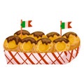 Mexican pancakes in chocolate sauce with little flags in a paper box.